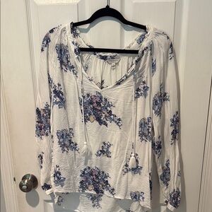 Lucky Brand White and Blue Long Sleeve Blouse